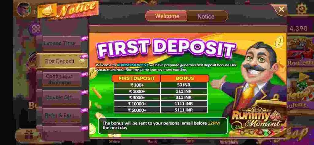 First Deposit Offer In Rummy Moment Apk
